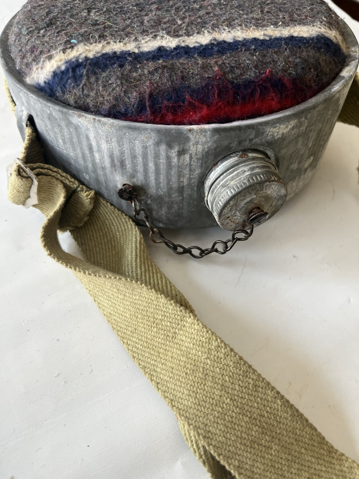 Vintage Wool & Galvanized Metal Canteen With Strap; See Photos!