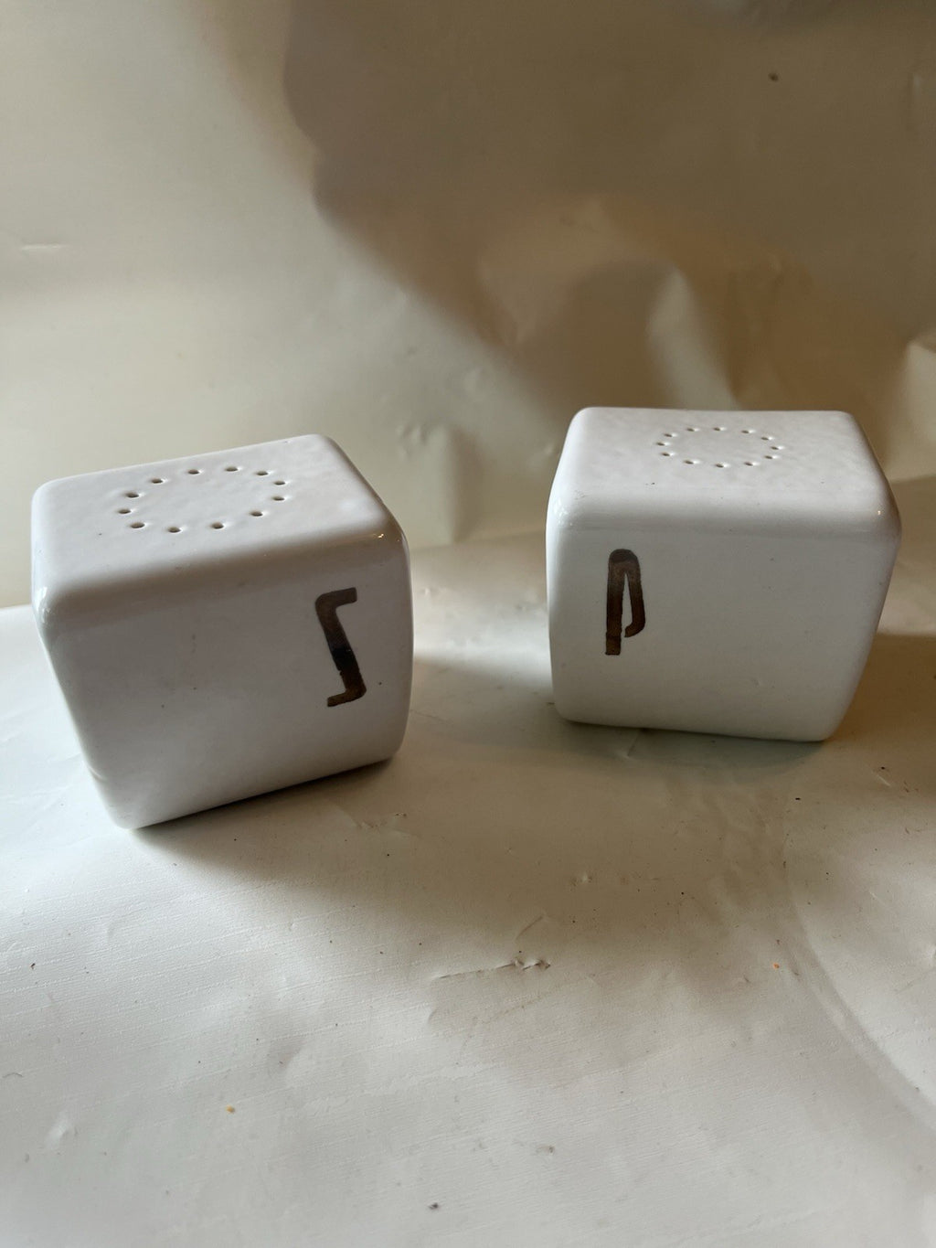 Vintage Art Deco White Silver Letters Salt and Pepper Shakers Ceramic
