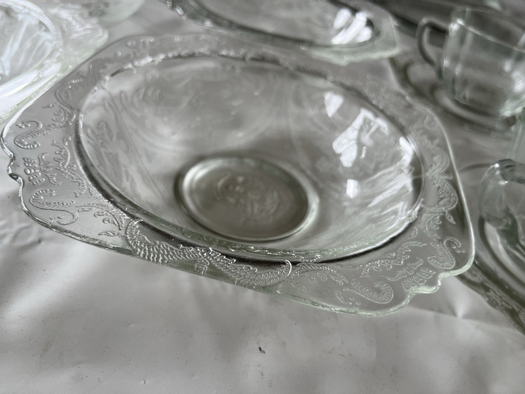 Federal Glass Clear Depression Etched Dinner Plates, Bowls, Cup/saucer 16 Piece