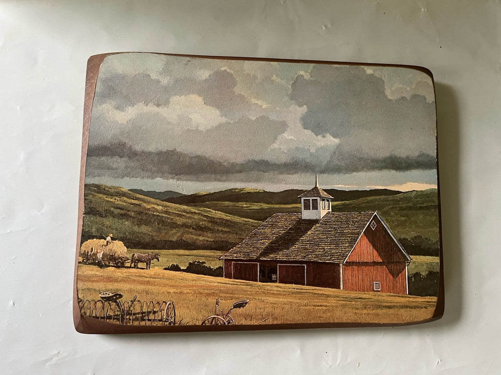 Vintage 1960/70s Wooden 9x13” Plaque Of Ethan Sloane Painting Farmland, Amish