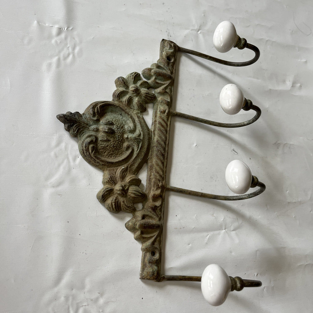 Vintage Styled Cast Iron Metal And Porcelain Wall 4 Hooks; 8”x6” Ornate Details