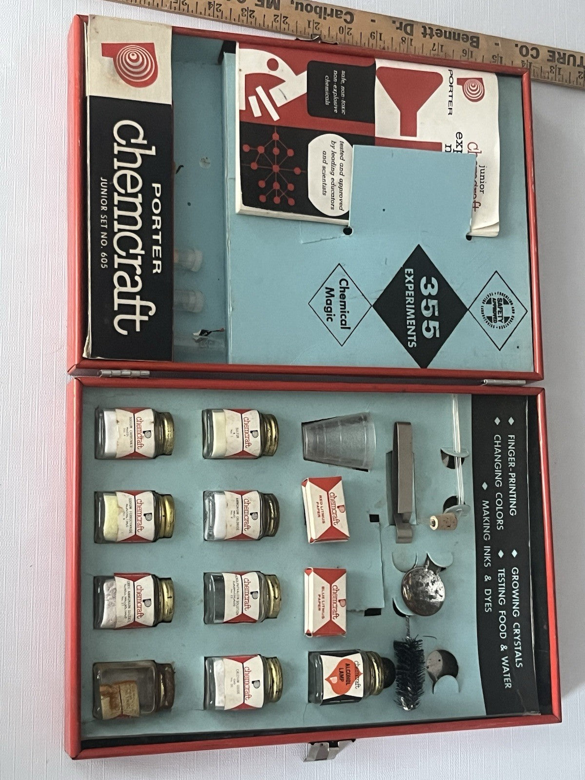 1950s Porters Chemcraft Home chemistry kit; original testing material, book.