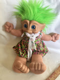 Vintage Large Plush Troll Treasure Doll With Green Hair &Jewel/Acid Wash Outfit