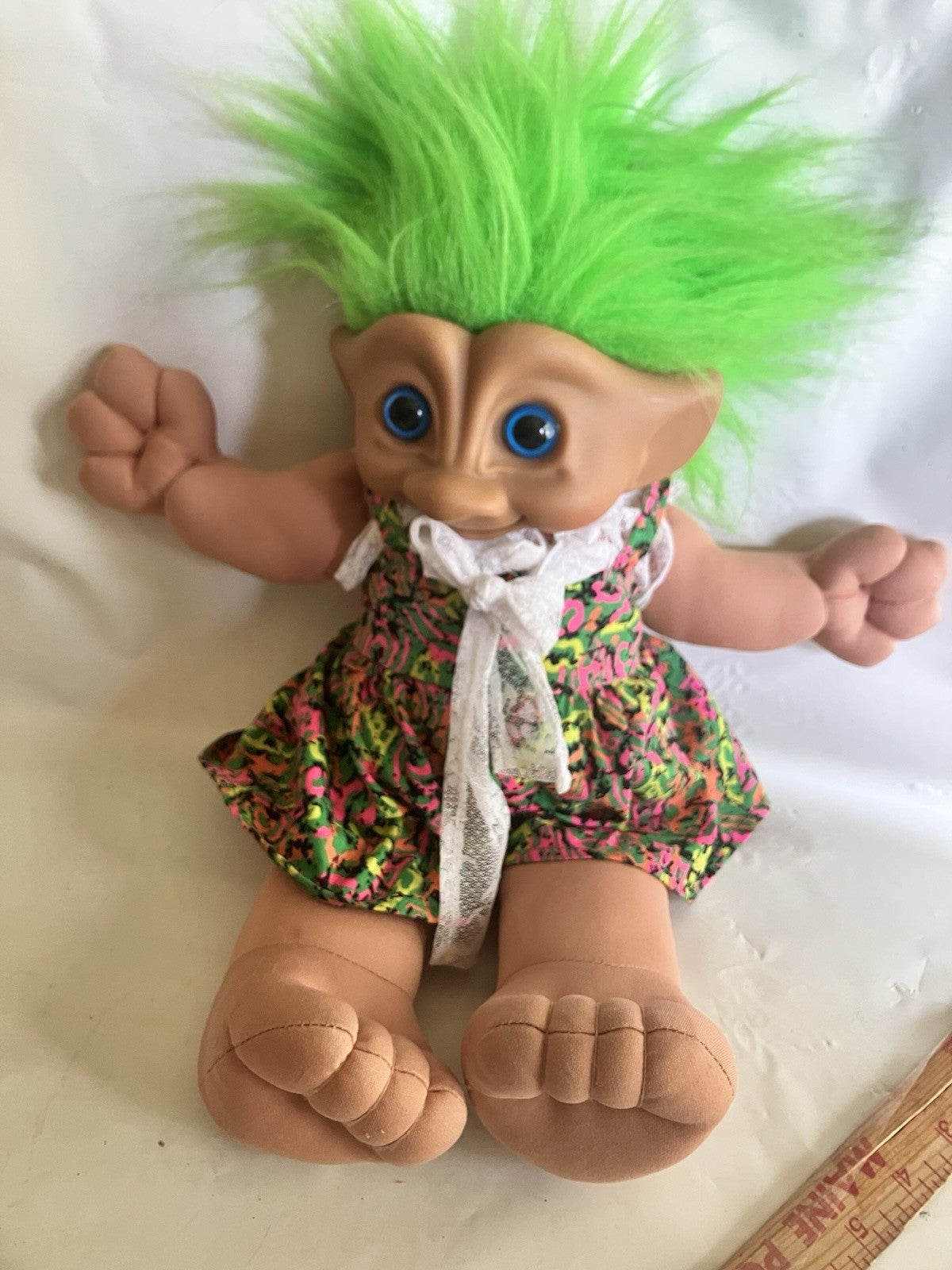 Vintage Large Plush Troll Treasure Doll With Green Hair &Jewel/Acid Wash Outfit