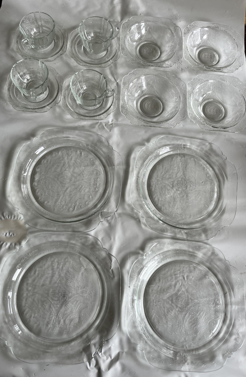 Federal Glass Clear Depression Etched Dinner Plates, Bowls, Cup/saucer 16 Piece