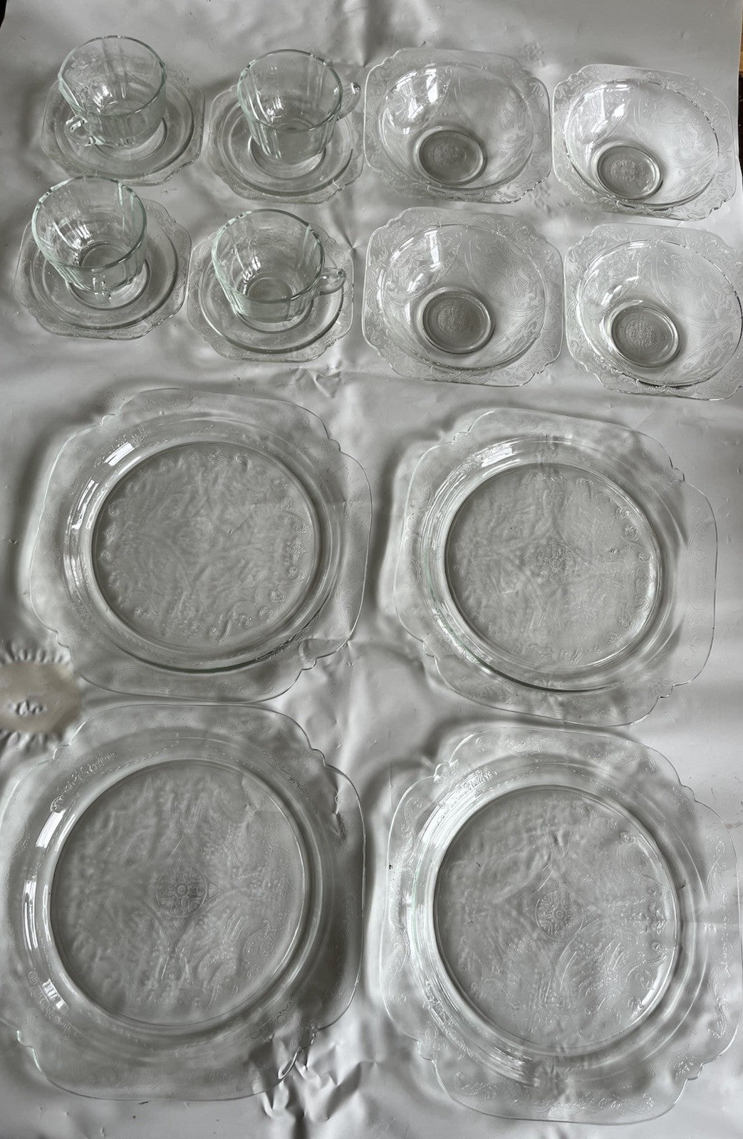 Federal Glass Clear Depression Etched Dinner Plates, Bowls, Cup/saucer 16 Piece