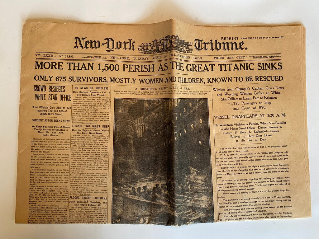 Titanic Sinks!  New York Tribune Newspaper April 16, 1912 Reprint