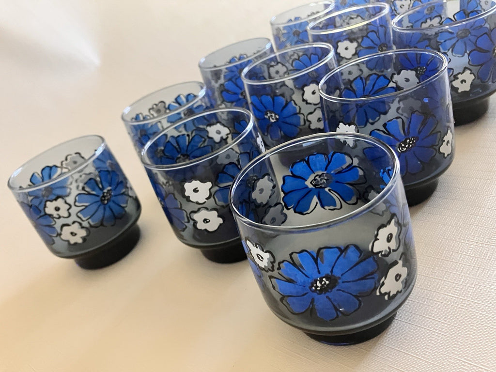 Set of 13 Vintage Libbey Camellia Blue Floral 8oz Juice Glasses EUC