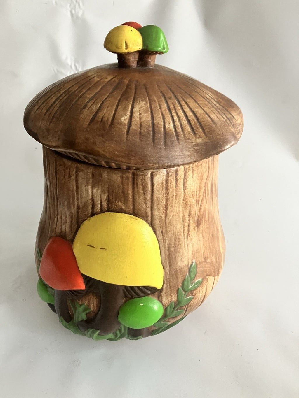 Vtg 1970’s Arnel’s Mushroom  Porcelain Canister / Cookie Jar. Brn, Red, Grn Ylw