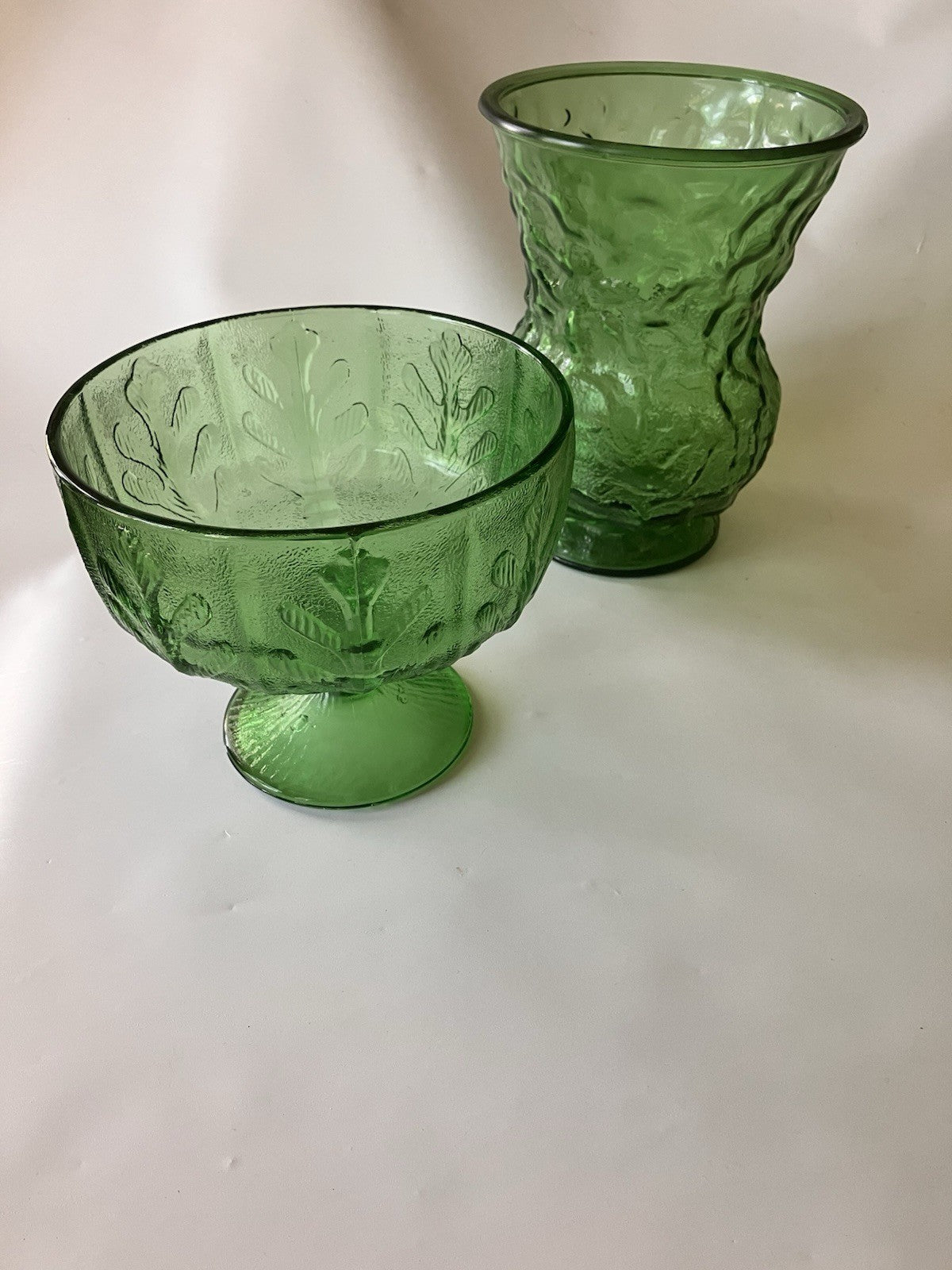 Vintage E.O. BRODY Crinkle Green Glass Flower Vases 8" And 5.5”
