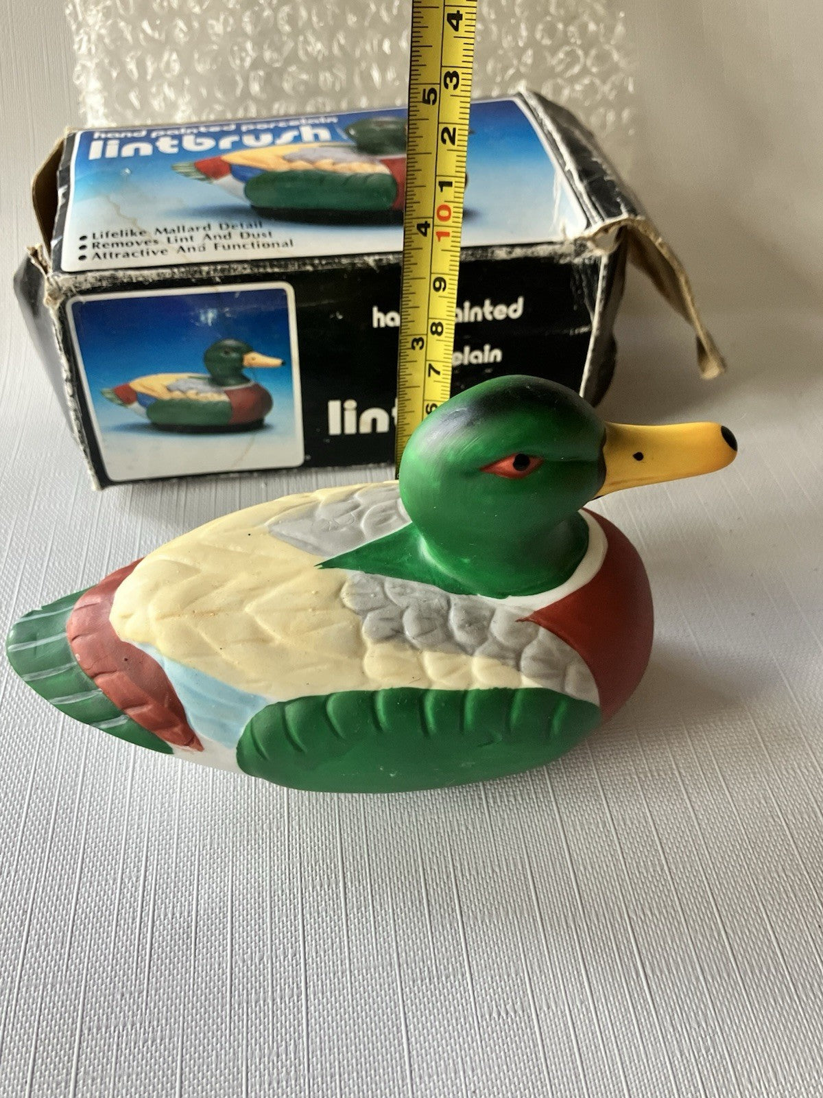 Vtg. Handpainted Porcelain Lifelike Detail Duck Mallard Lint Brush; Original Box