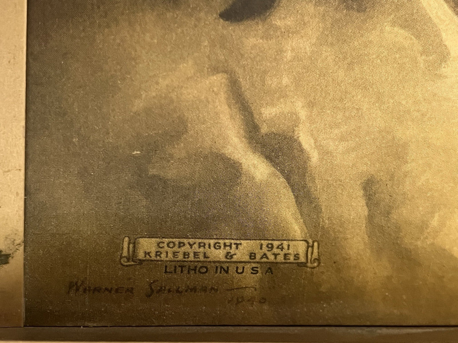 1941 MCM Lighted Litho Print of JESUS On Gold Tone Manuscript Wall Hanging
