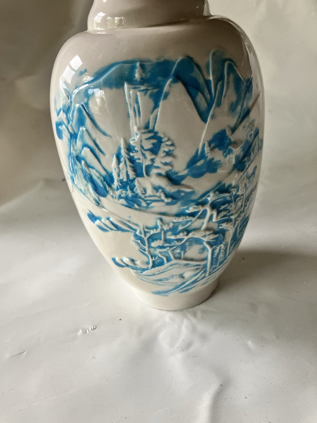 Vintage FTD 8” Tall Ceramic White Vase W/ Blue Washed Japanese Mountain Embossed
