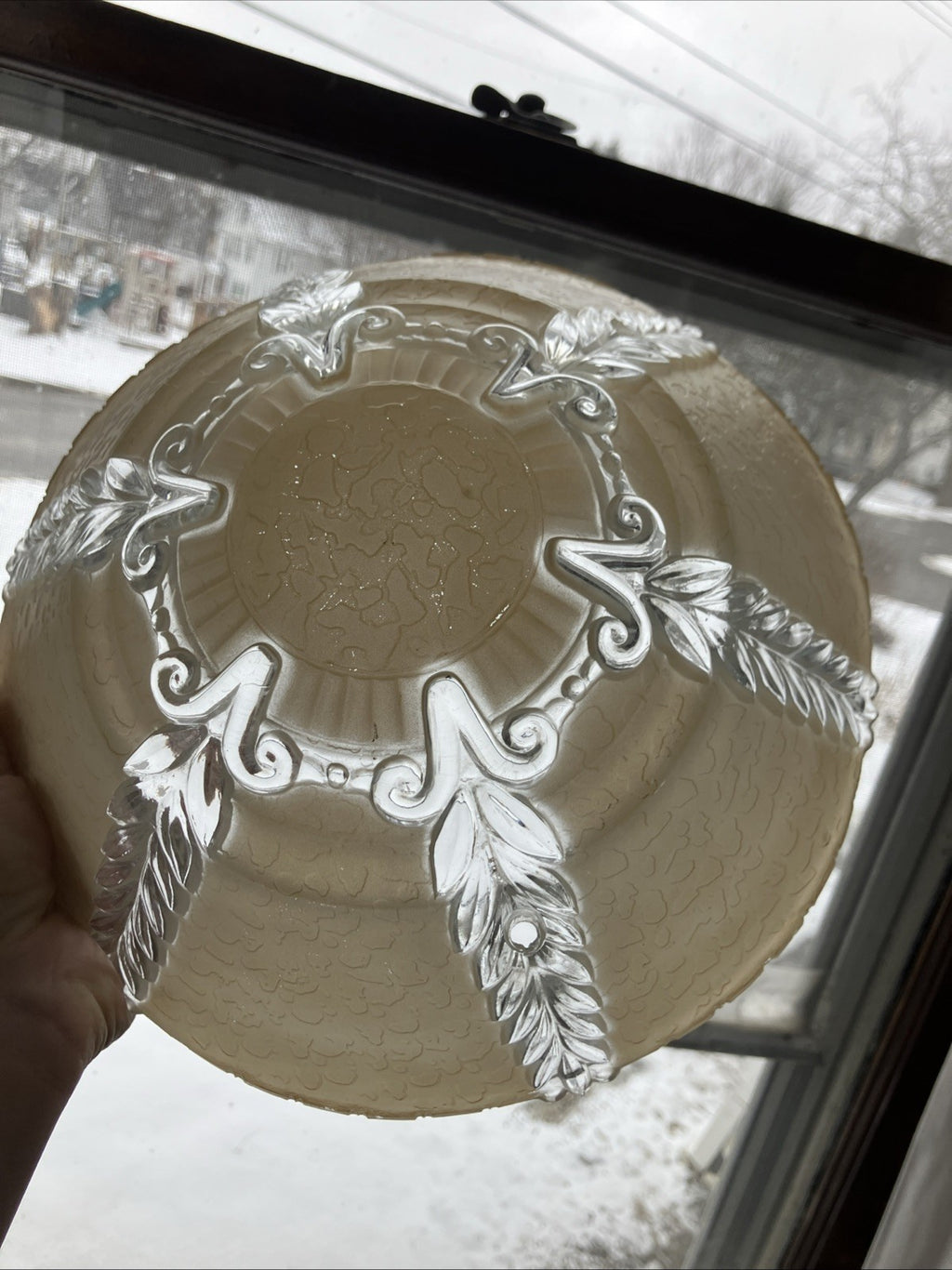 Vintage 1920s  Glass Light Fixture Ceiling Shade 3 Hole Opaque Beige Art Deco