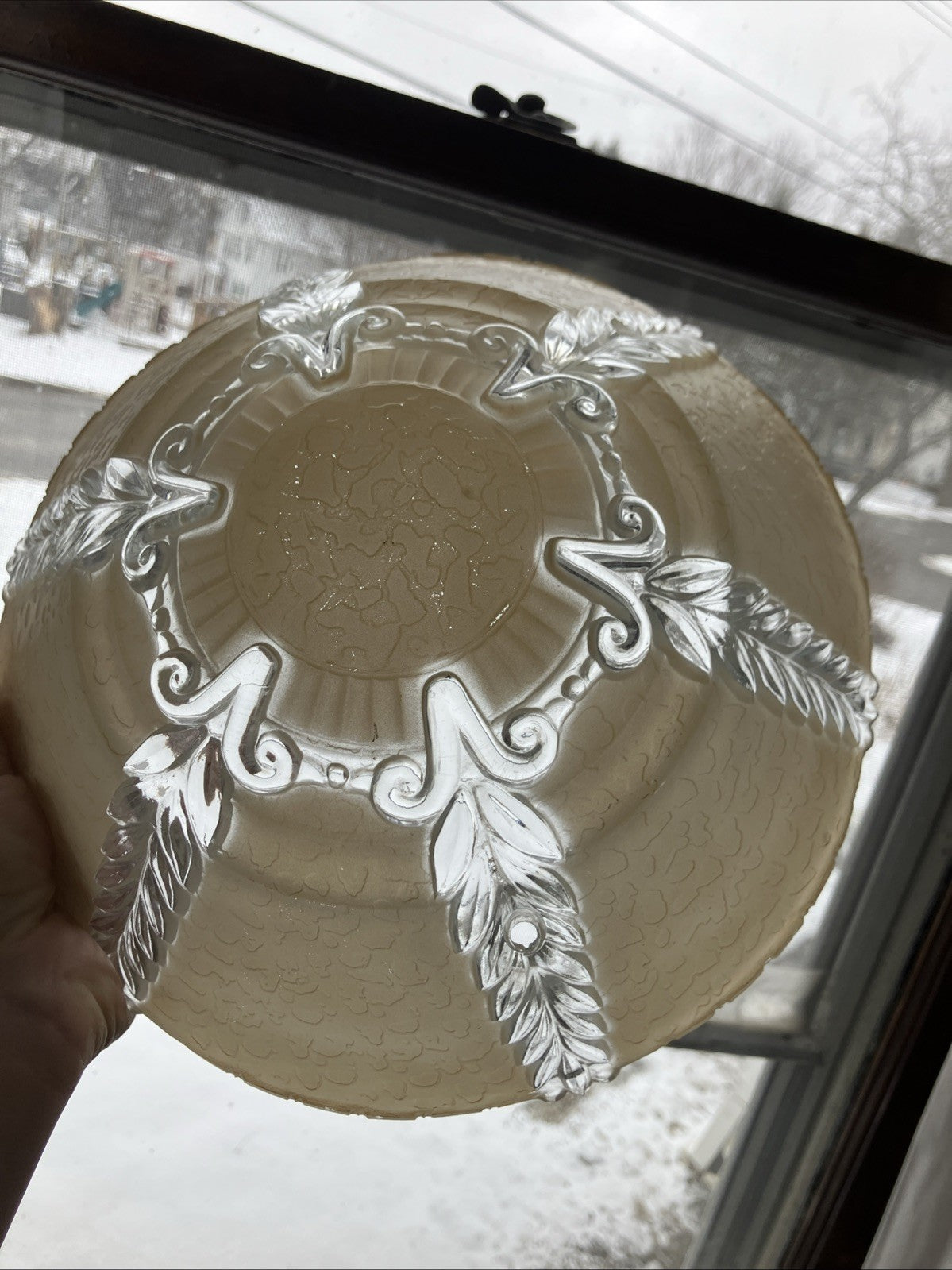 Vintage 1920s  Glass Light Fixture Ceiling Shade 3 Hole Opaque Beige Art Deco