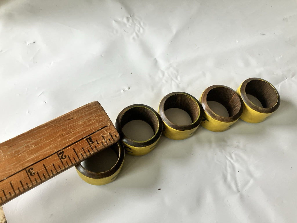 Vintage Wooden Hand Painted Yellow and Floral Napkin 5 Rings 