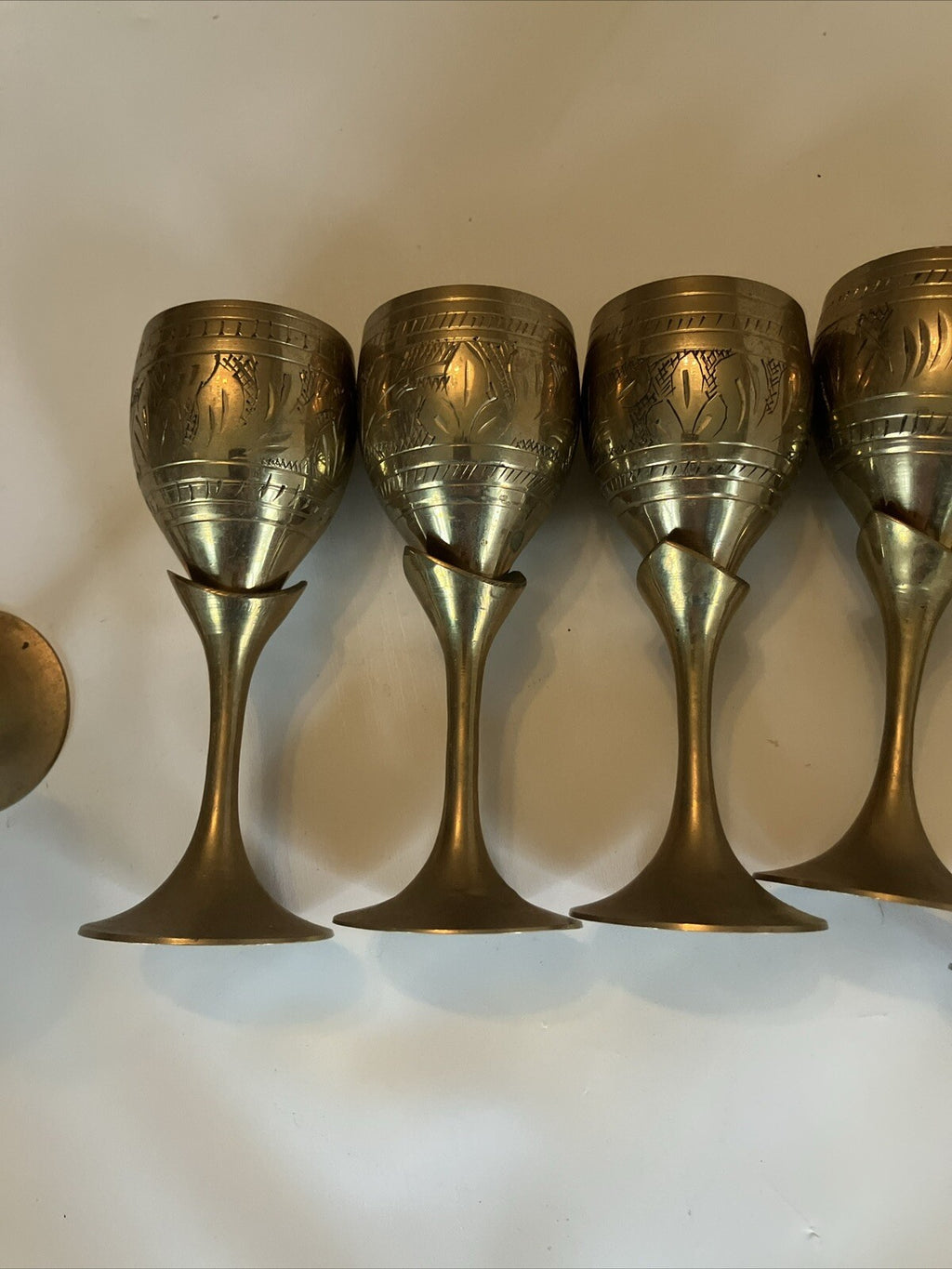 Vintage S/4 Solid Brass Goblets Tulip Stem, Etched Design