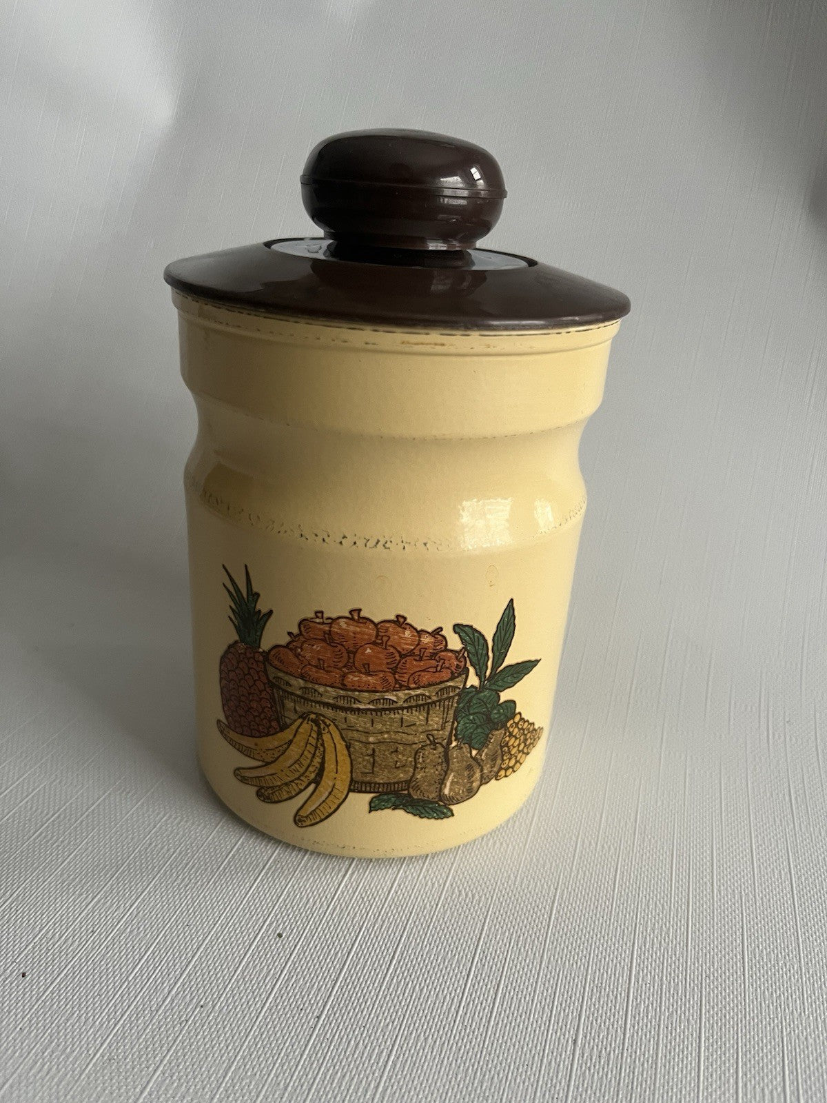 Kromex Metal Canister Set 3 Rare Beige/Brown Fruit & Vegetables w/ Plastic Lids
