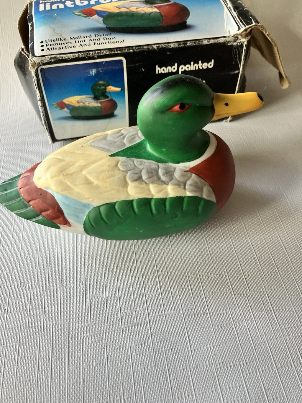 Vtg. Handpainted Porcelain Lifelike Detail Duck Mallard Lint Brush; Original Box