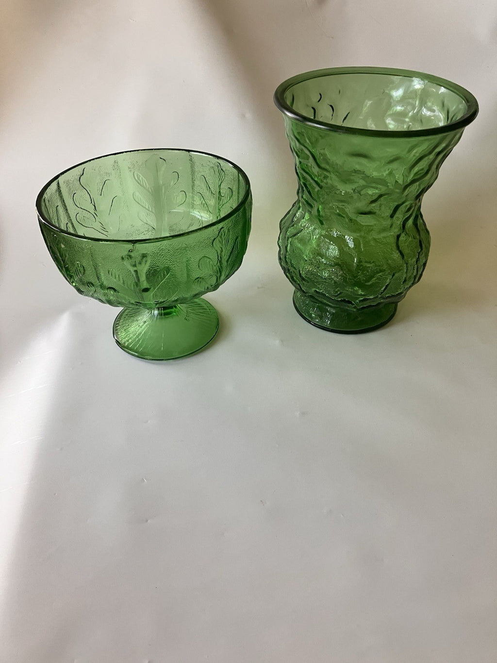 Vintage E.O. BRODY Crinkle Green Glass Flower Vases 8" And 5.5”