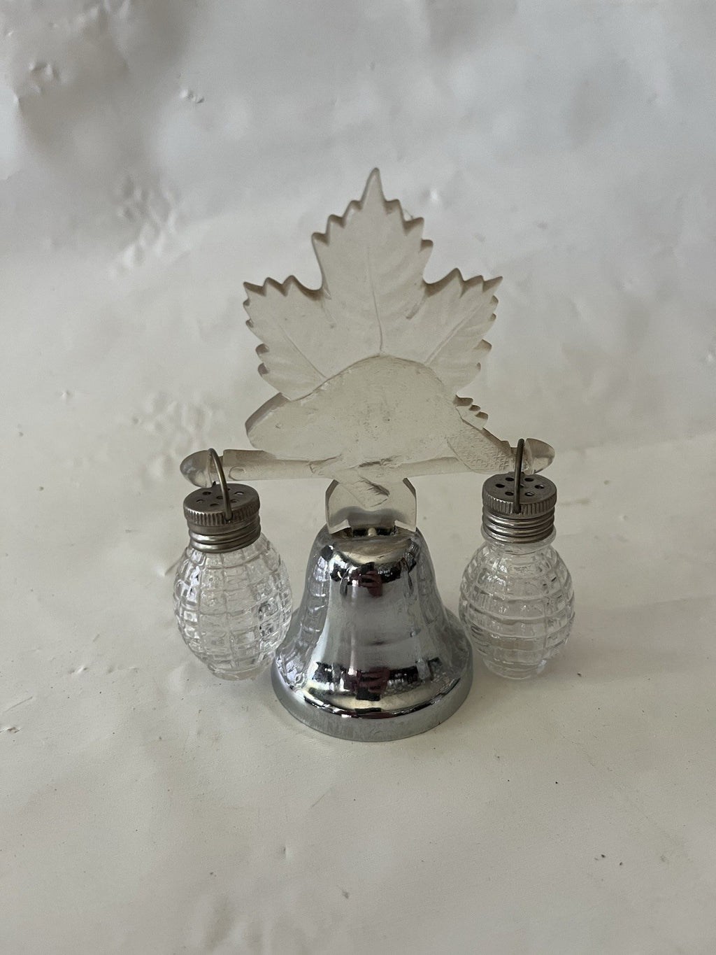 Vintage Silver Toned/Clear Lucite Souvenir Salt/Pepper Shakers W/ Bell Stand (3)