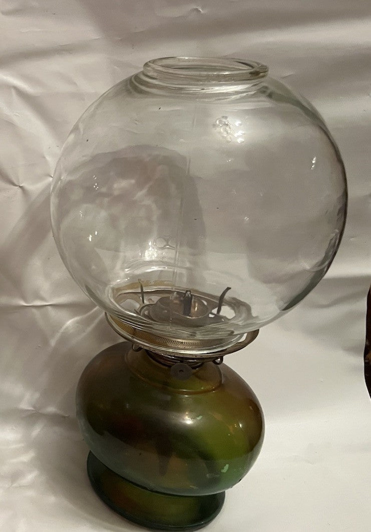 Vintage Amber-Green Glass Hurricane Kerosene Lamp  With Original Glass Globe