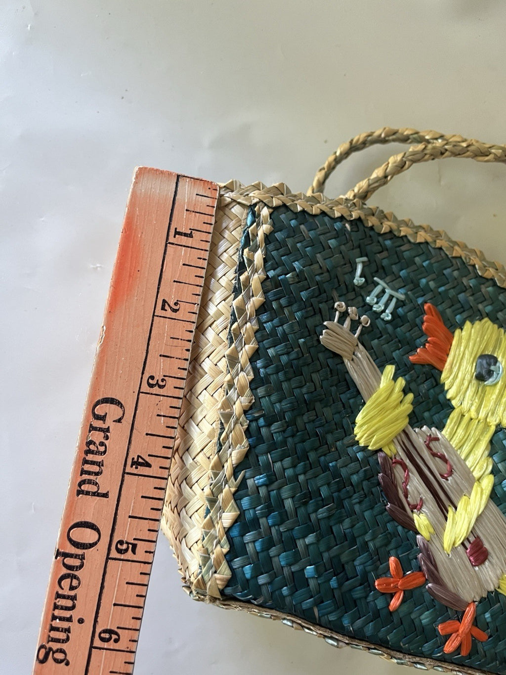 Vtg. 1960’s Woven Straw Raffia Child’s Easter Basket Duck Play Guitar Vinyl Int.