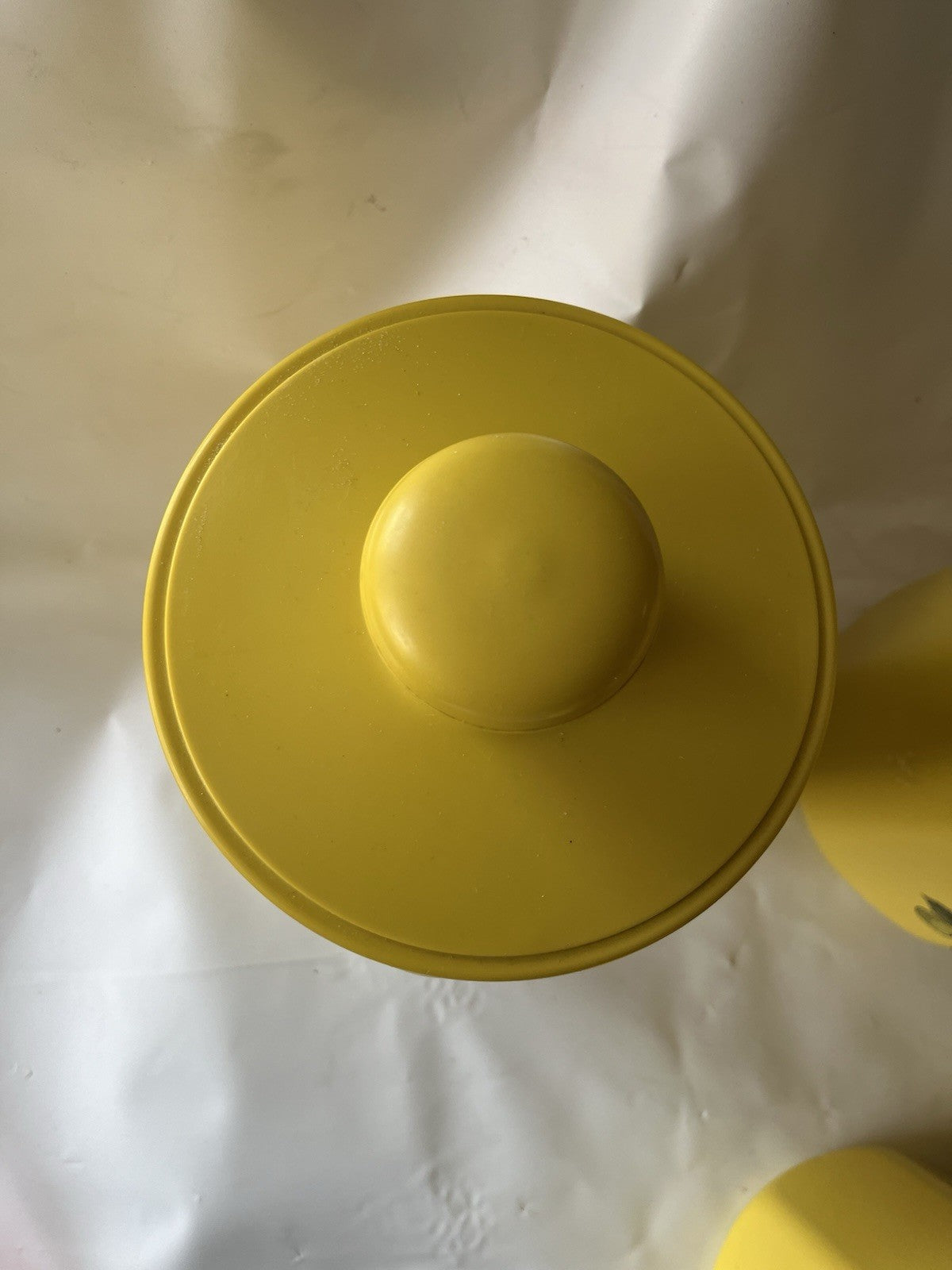 Vintage Kromex Faceted Aluminum 4 Canister Set Yellow Fruit Floral Plastic Lids