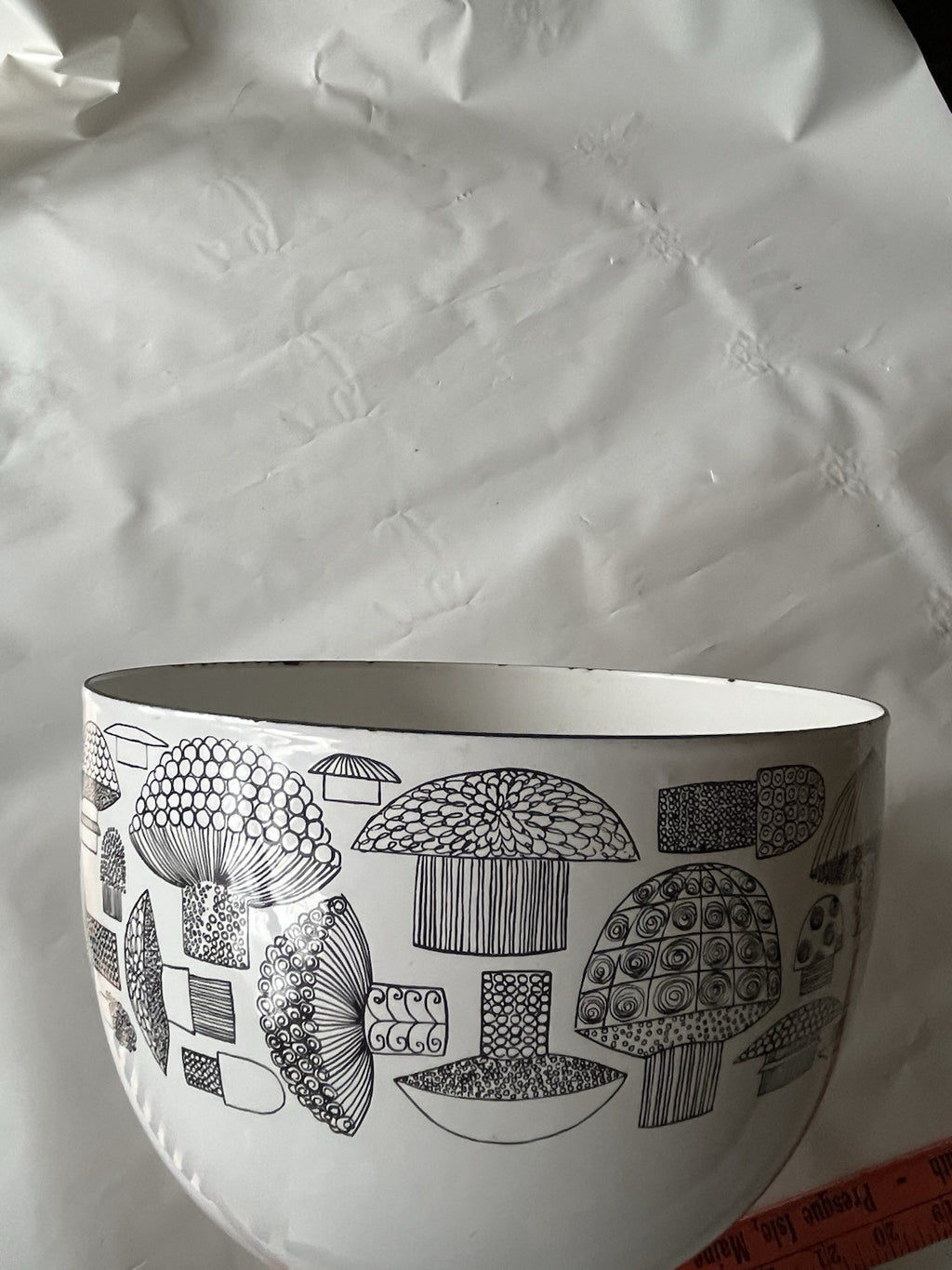 Vintage Finland Black White Enamel Mushroom Bowl Finel Wartsila Mid Century