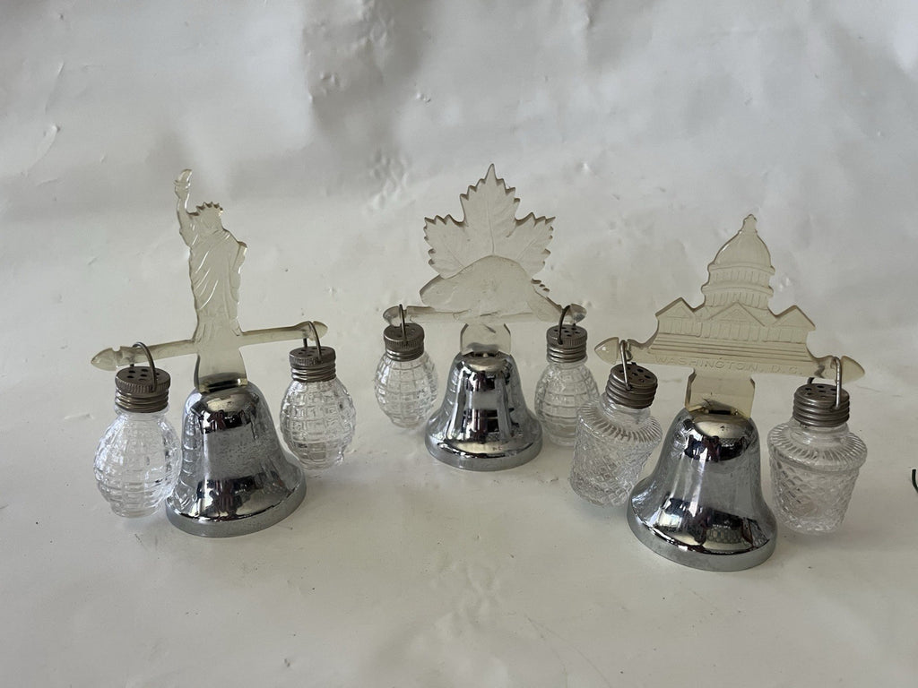 Vintage Silver Toned/Clear Lucite Souvenir Salt/Pepper Shakers W/ Bell Stand (3)