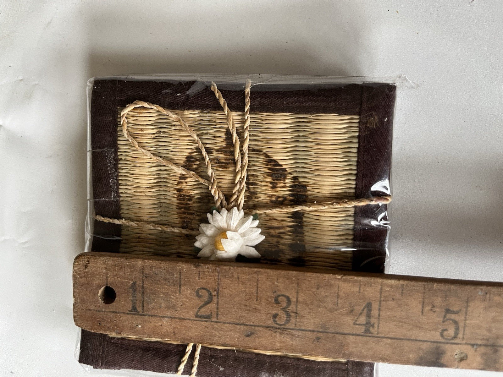 Vintage New/Wrapped Set Of 4 Vintage Coasters Weaved Bamboo Painted Design