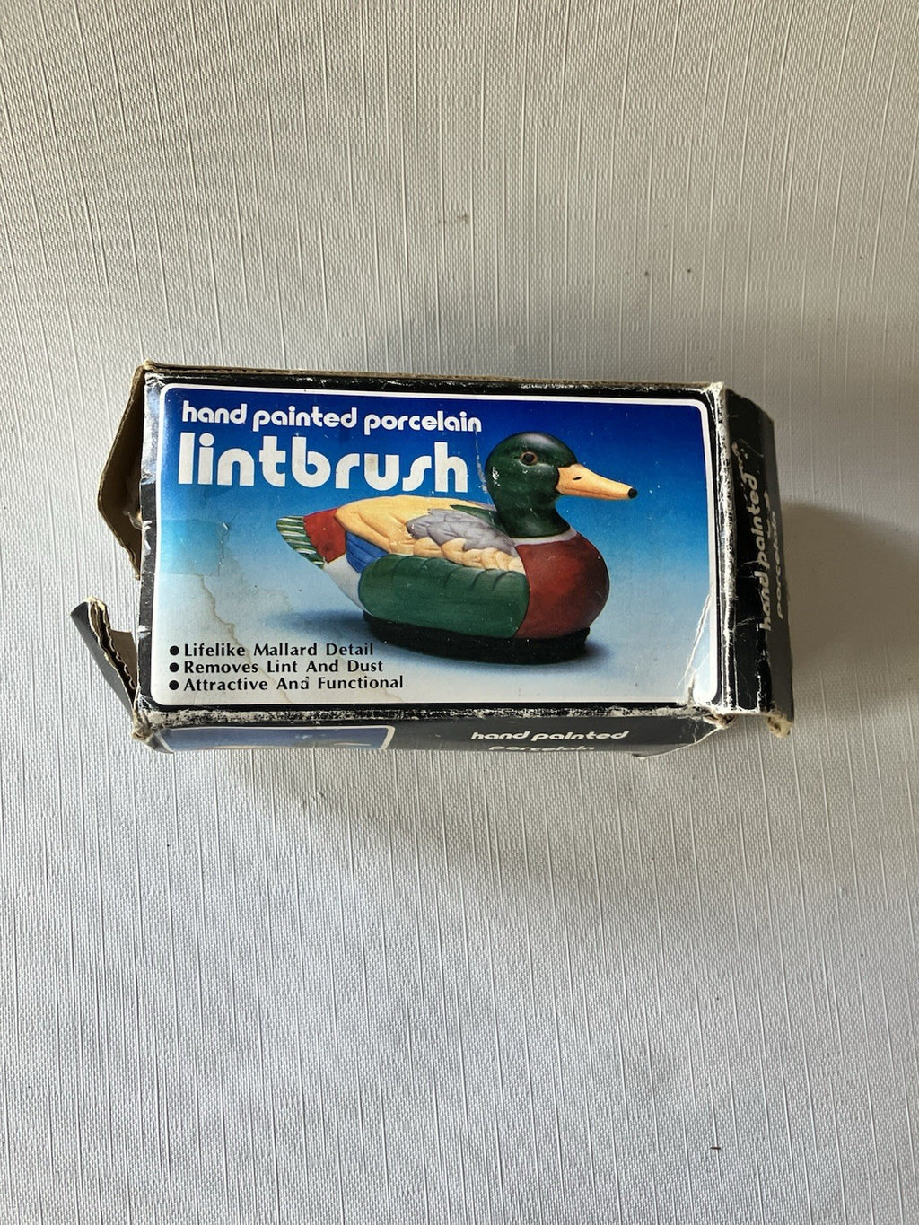 Vtg. Handpainted Porcelain Lifelike Detail Duck Mallard Lint Brush; Original Box
