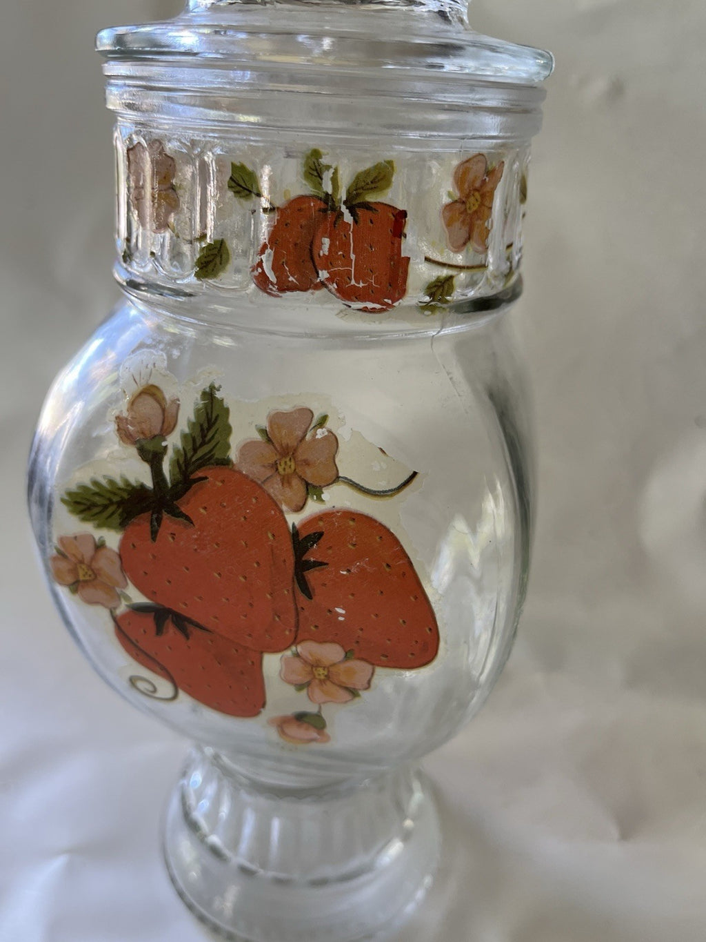 Vintage MCM 8” Tall Glass Jar With Strawberry Details And Lid