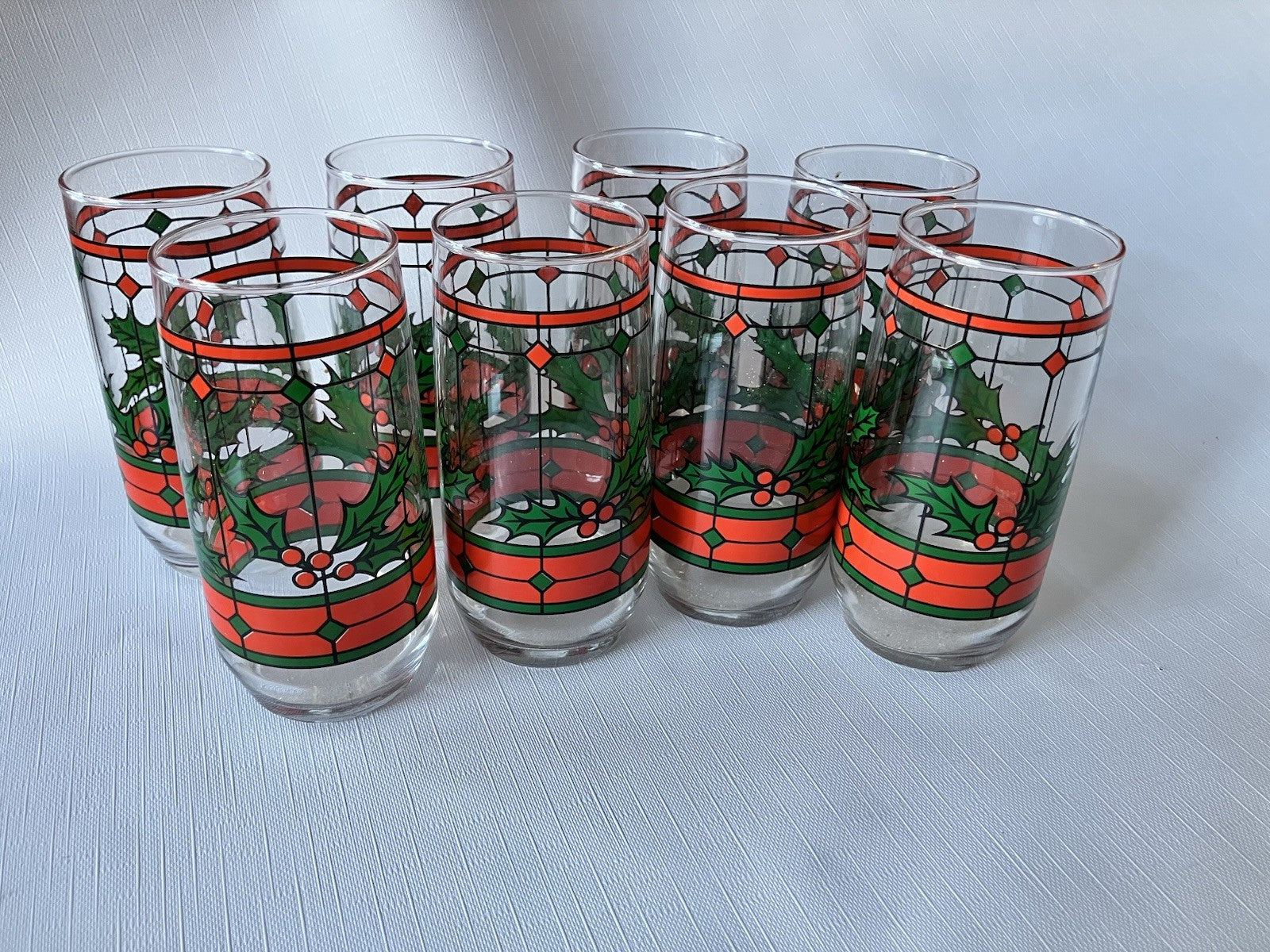 Vintage Anchor Hocking Holly Diamond Christmas Glasses Set Of 8. EVC