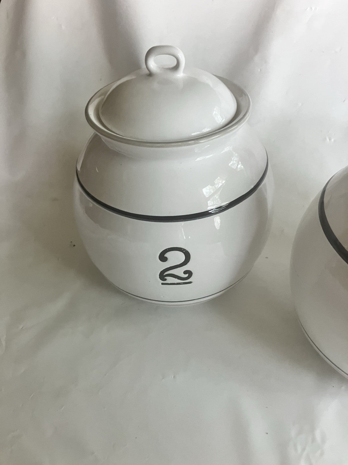 Large Ceramic Canister Set Of 3 Identical Sizes; 1, 2, 3 With Pinstripe On White