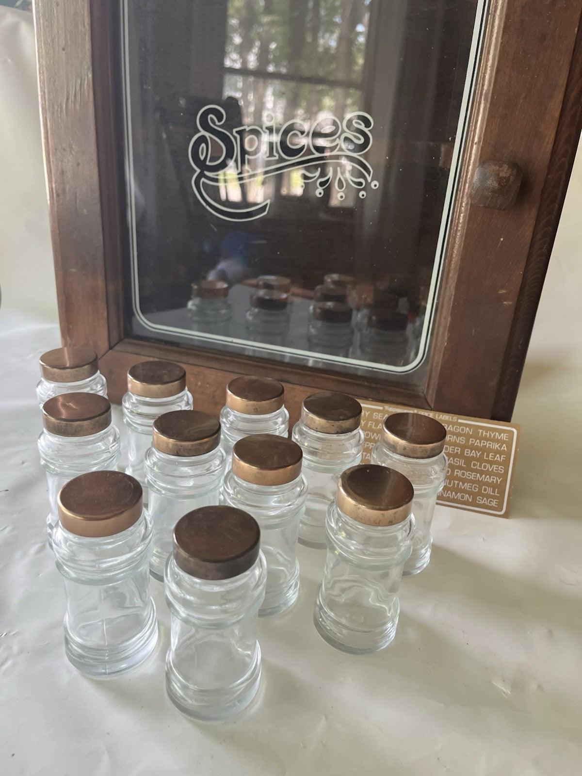 Vintage “Spices” Wooden/ Glass Door 17”x14” 12 Spice Cabinet & 11 Jars/ Stickers