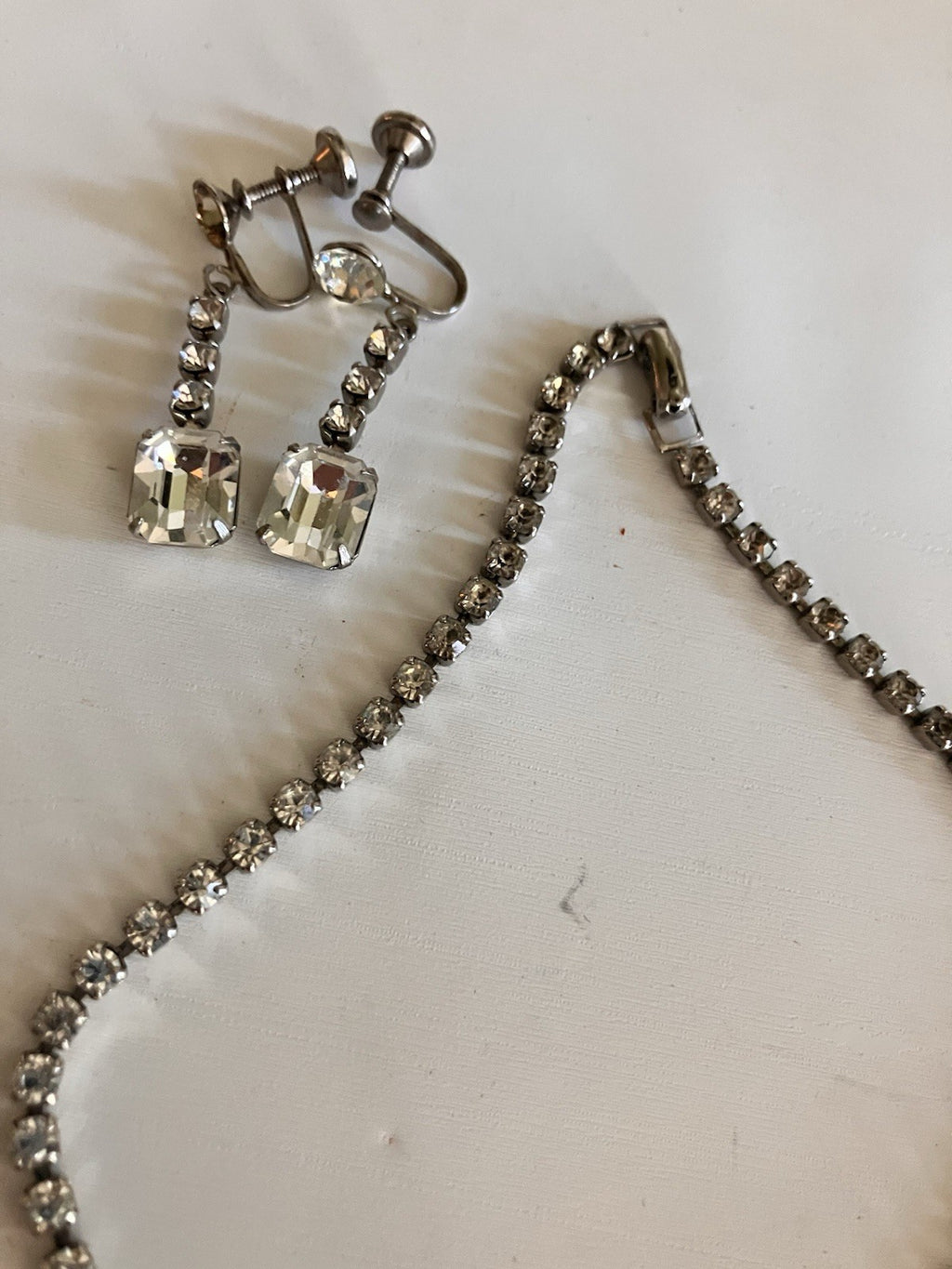 Vintage Necklace/Screw Back Earring; Silver-tone Emerald Cut Clear Rhinestone