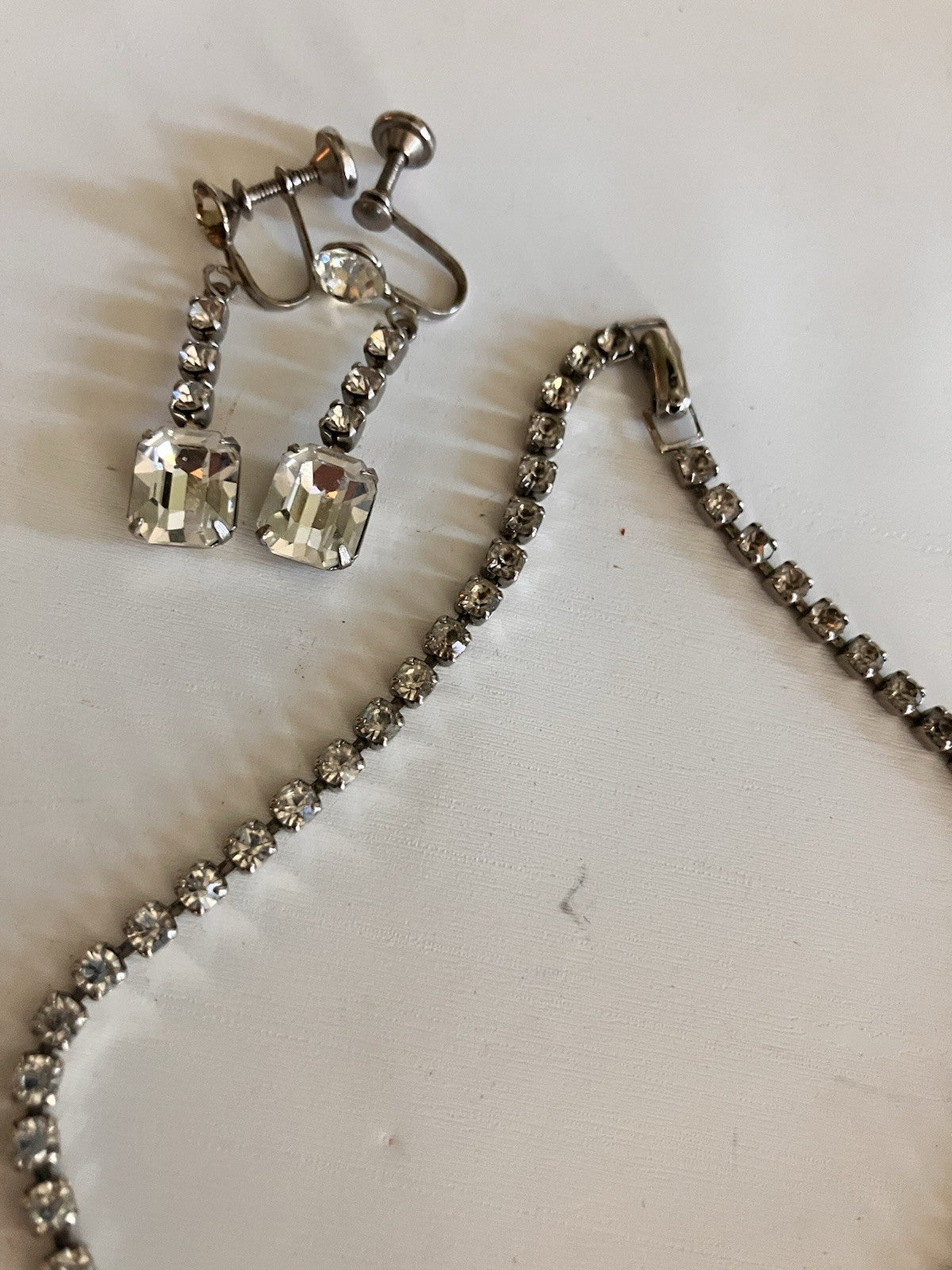 Vintage Necklace/Screw Back Earring; Silver-tone Emerald Cut Clear Rhinestone