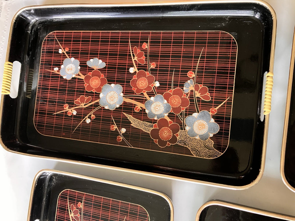 Vtg Toyo Japanese Lacquerware Enamel Serving Trays (4)- Floral/Plaid 2 Patterns