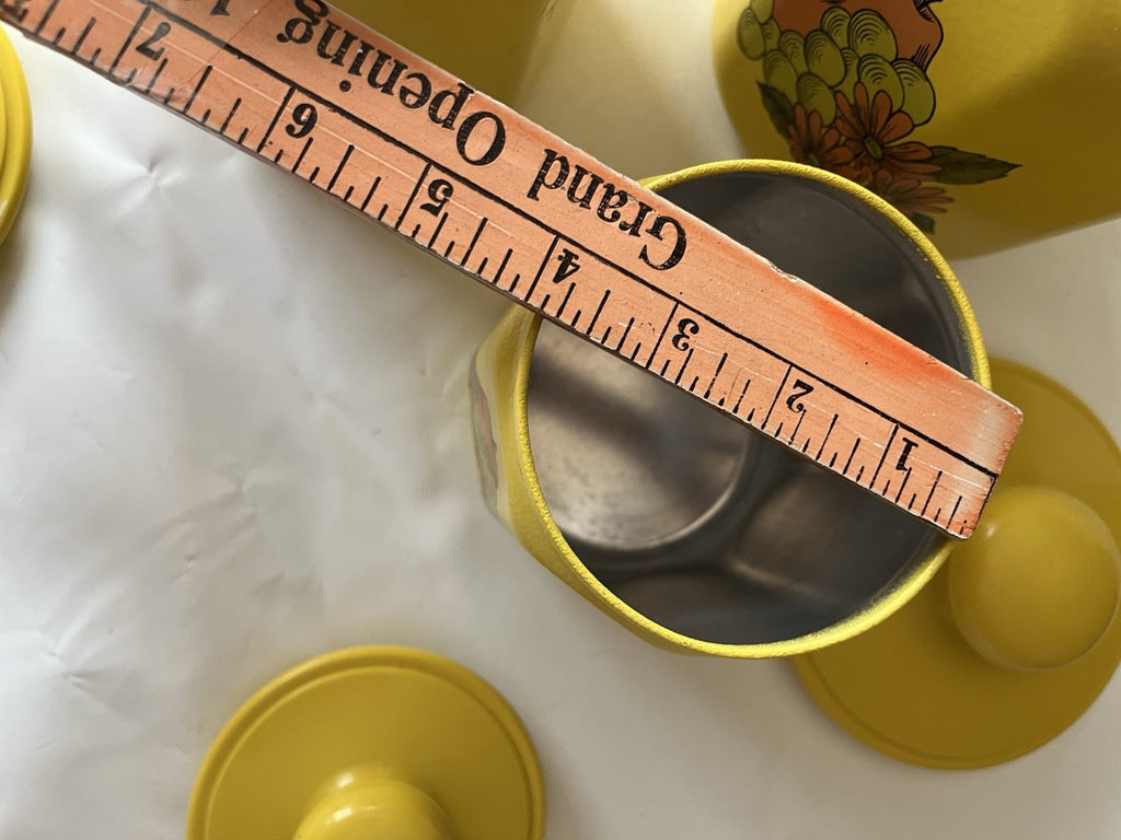 Vintage Kromex Faceted Aluminum 4 Canister Set Yellow Fruit Floral Plastic Lids