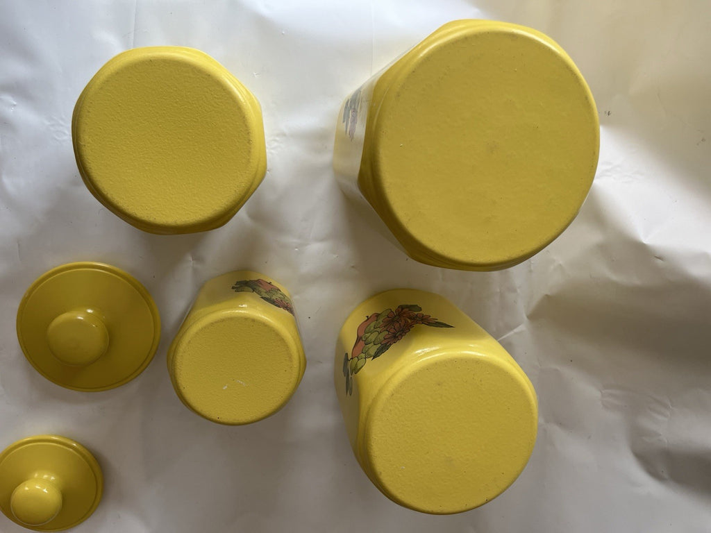Vintage Kromex Faceted Aluminum 4 Canister Set Yellow Fruit Floral Plastic Lids