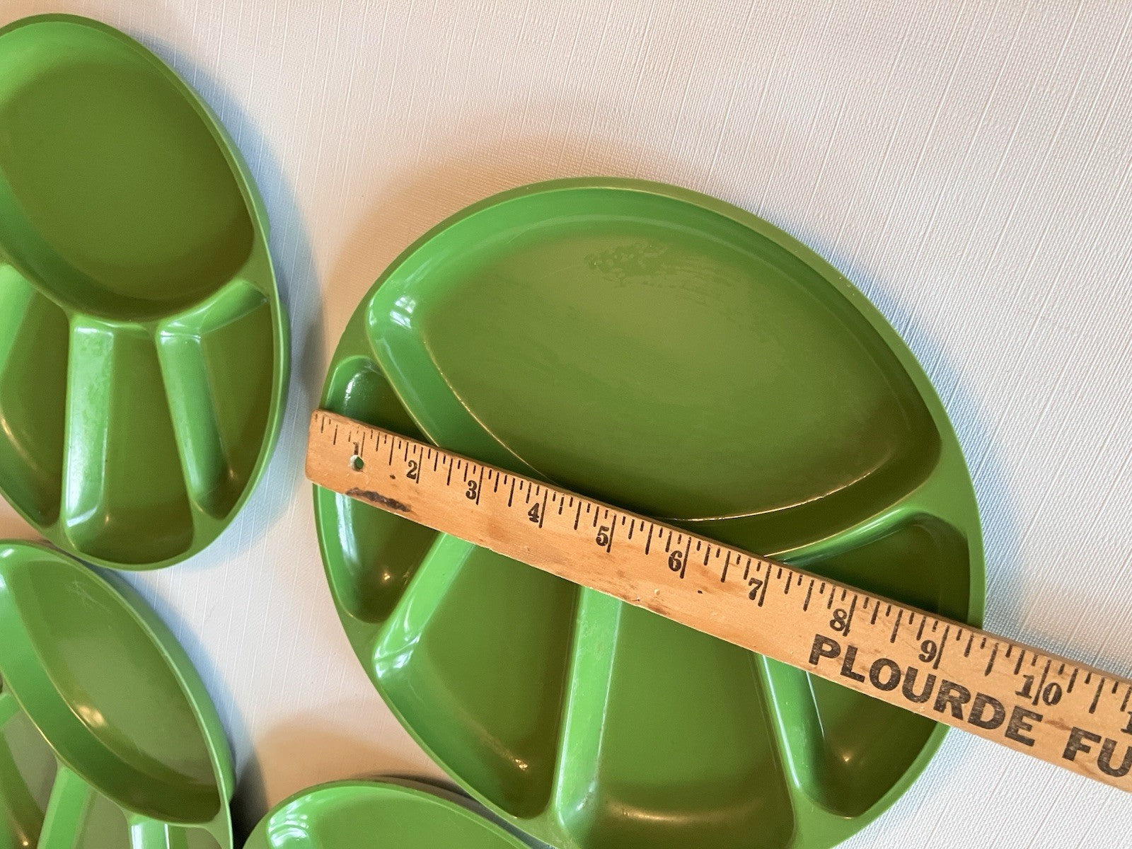 4-Vintage 9" Green Melamine Plastic Divided Snack Fondue Sushi Plates~Japan