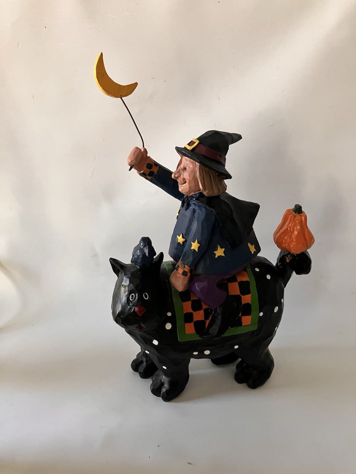 Vintage Halloween Witch Riding Black Cat W/ Moon & Pumpkin. Autumn Decor