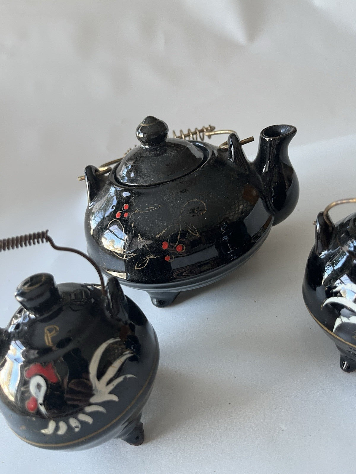 Vintage Japanese Redware Ceramic Rooster Tea Pot, S/P Shakers. Hand painted