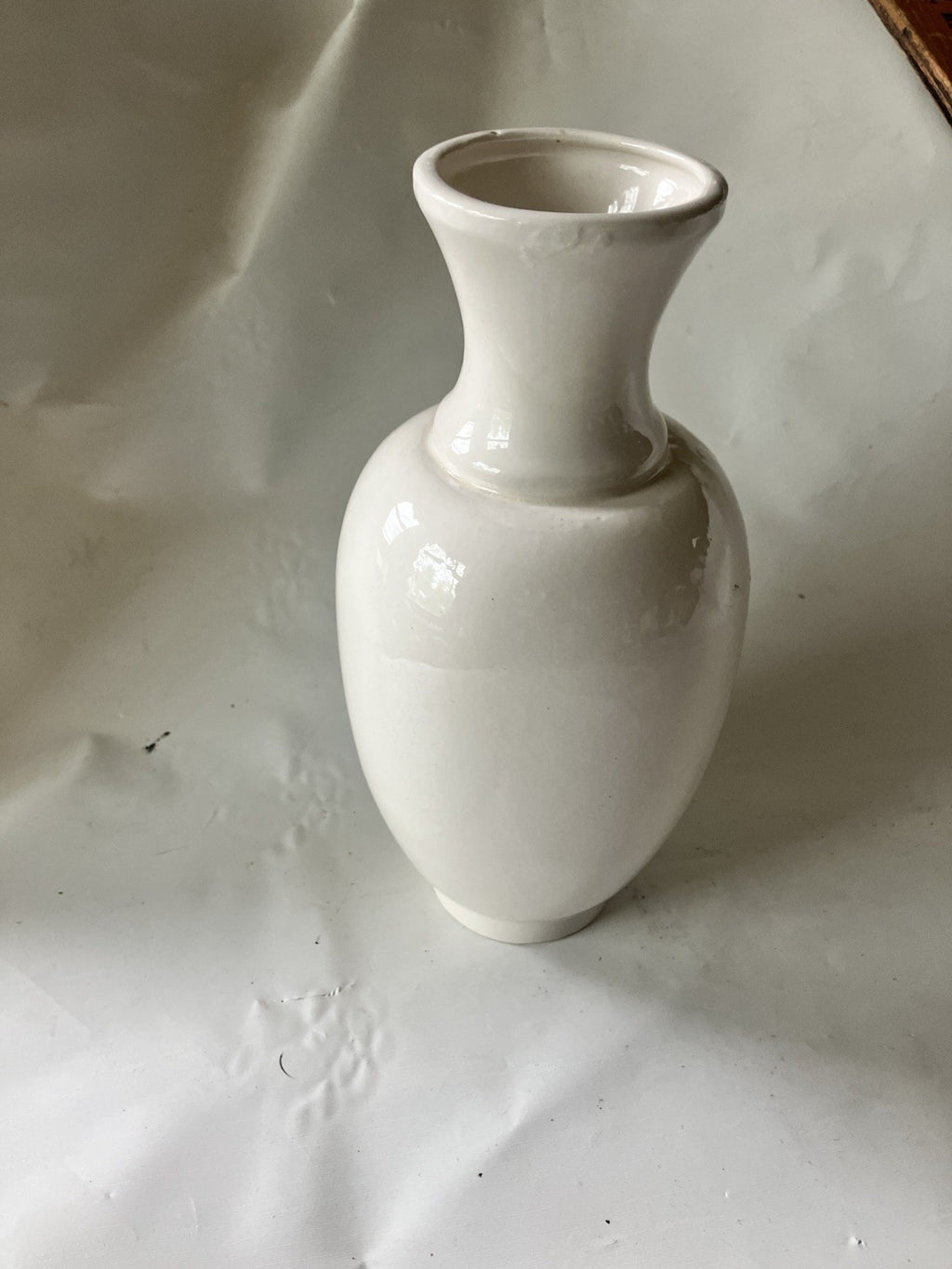 Vintage FTD 8” Tall Ceramic White Vase W/ Blue Washed Japanese Mountain Embossed