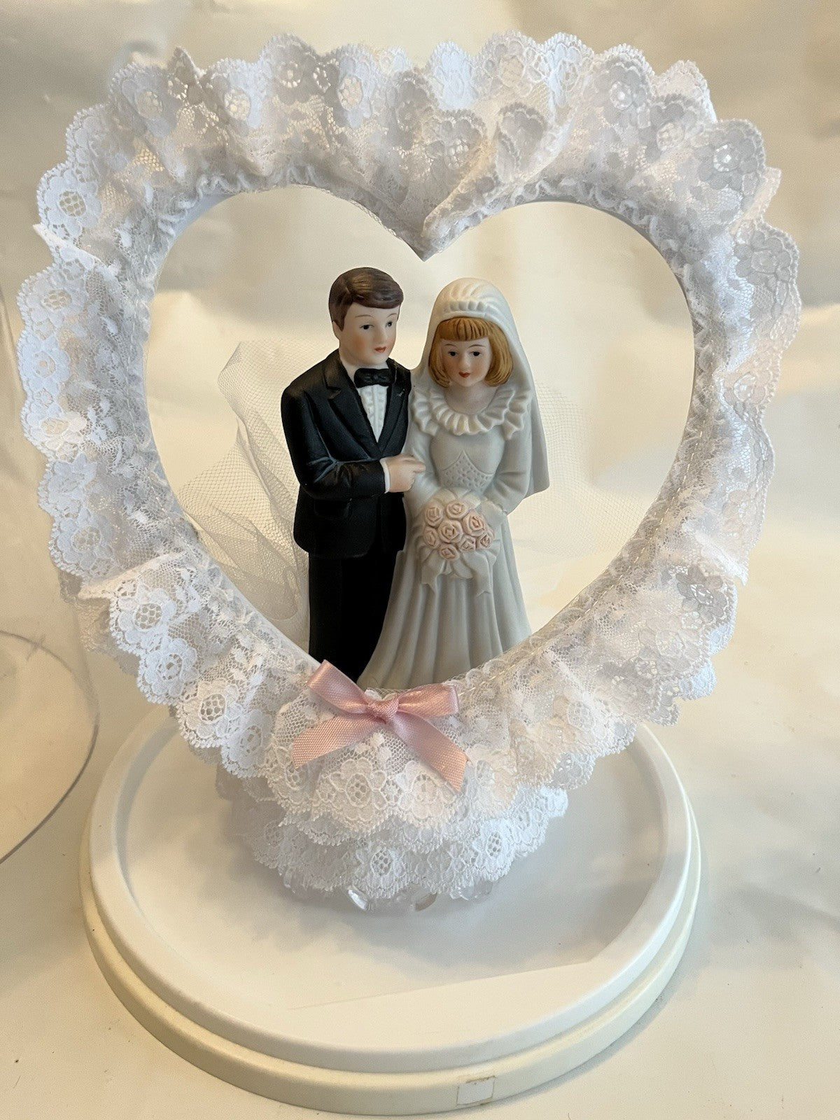 Vintage/ MCM Wedding Cake Topper With Heart Arch, Lace; Original Case NOS