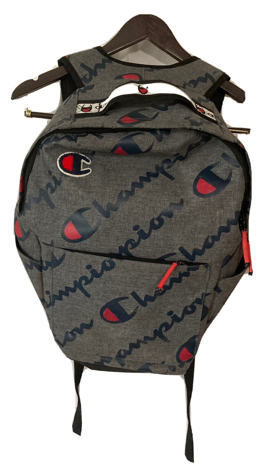 Unisex Champion Grey Back Pack with Navy/Red Logo.