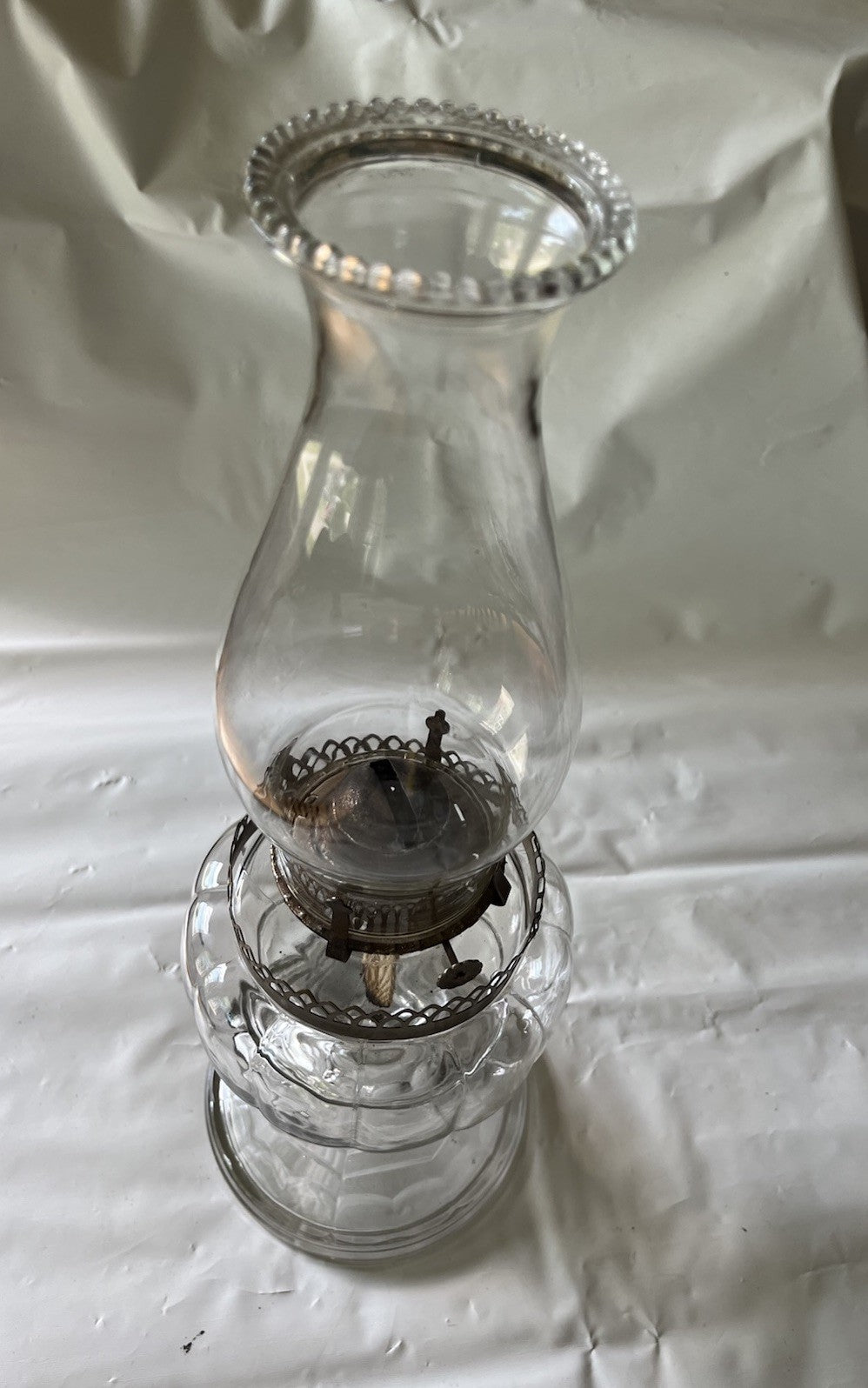 Antique 16” Clear Glass Kerosene Oil Lamp Complete W/ Flute, Metal Skirt, Base