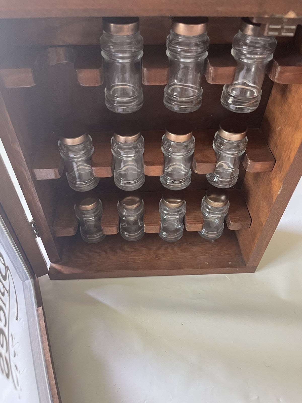 Vintage “Spices” Wooden/ Glass Door 17”x14” 12 Spice Cabinet & 11 Jars/ Stickers