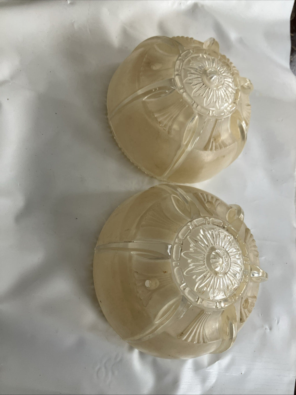 2-6” Wide Vintage Art Deco Beige Glass Ceiling Light Fixture Cover Set; EVC